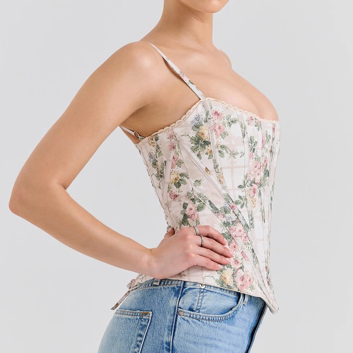 Floral Lace-Up Corset Top