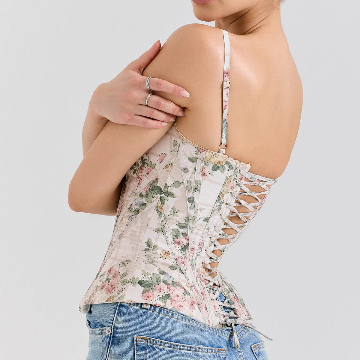 Floral Lace-Up Corset Top