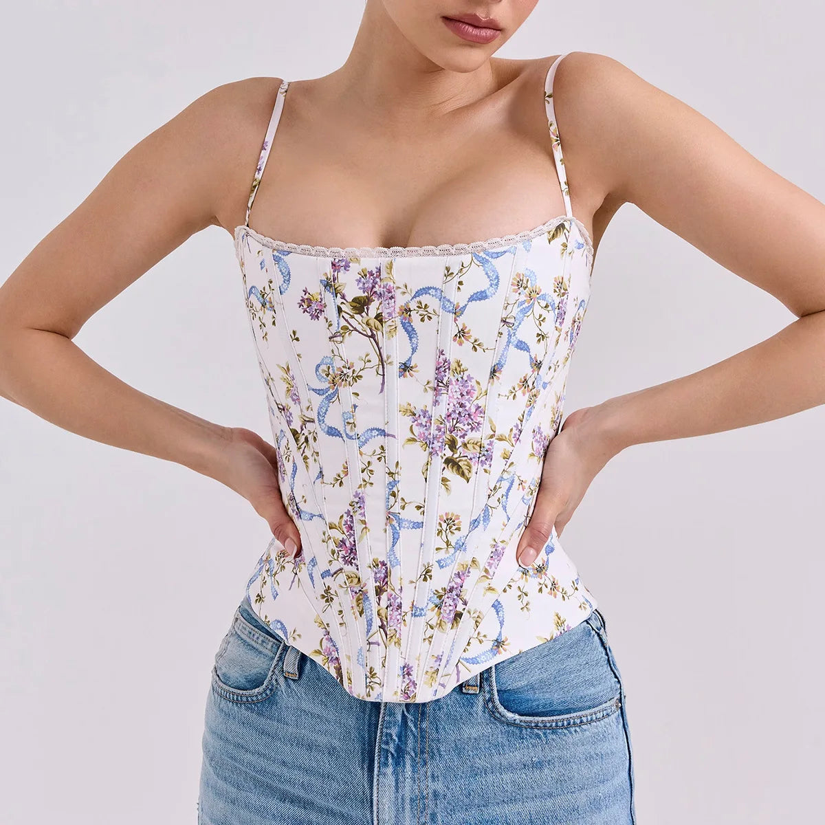 Floral Lace-Up Corset Top