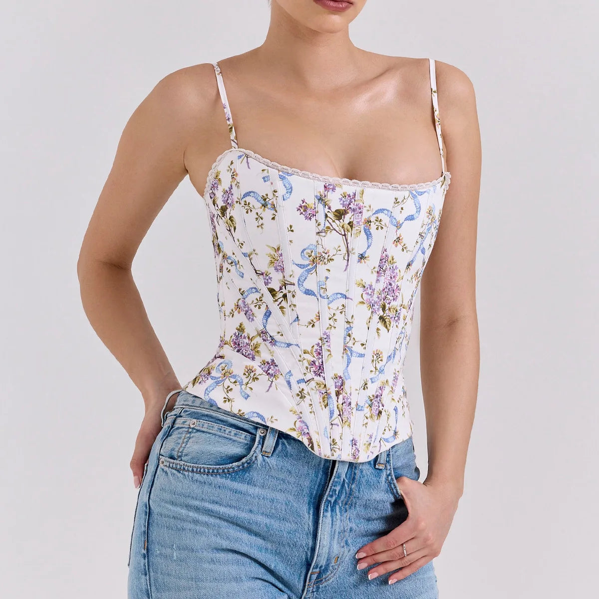 Floral Lace-Up Corset Top