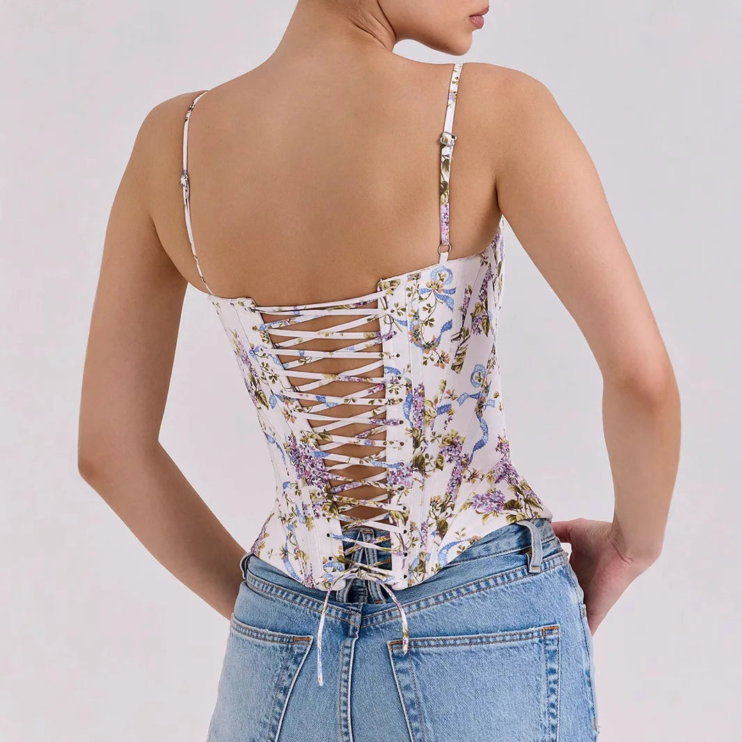Floral Lace-Up Corset Top
