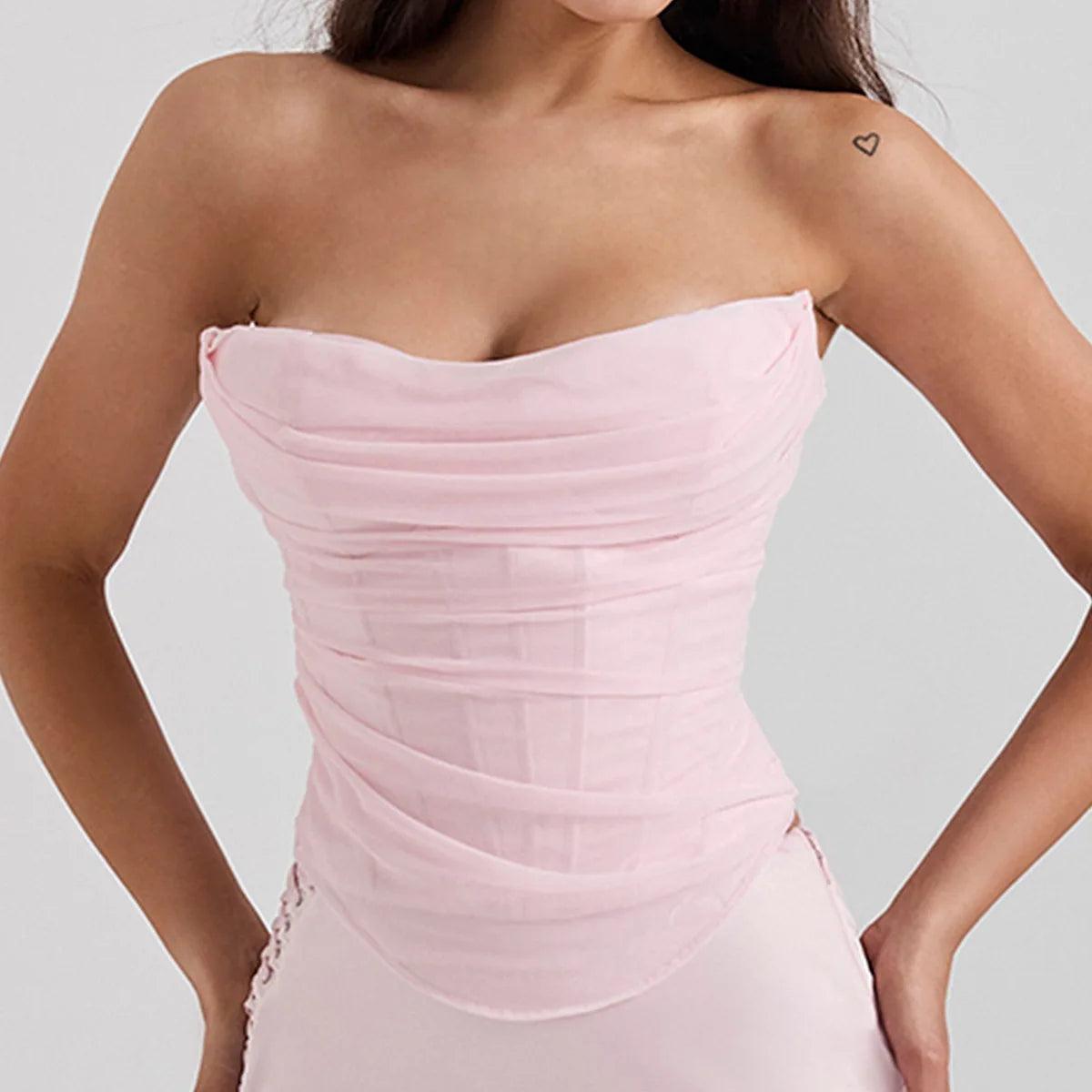 White Strapless Party Pink Mesh Strapless Top