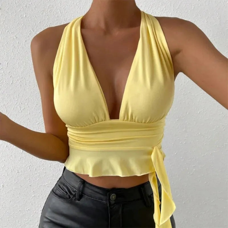 Deep V-Neck Pleated Top